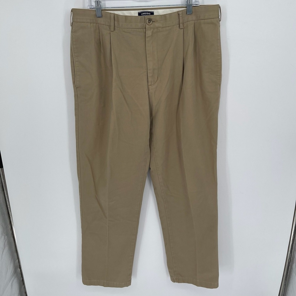 Lands End Men's Khaki Pleated Traditional Fit Pleated Front Chino Pants Size 37
